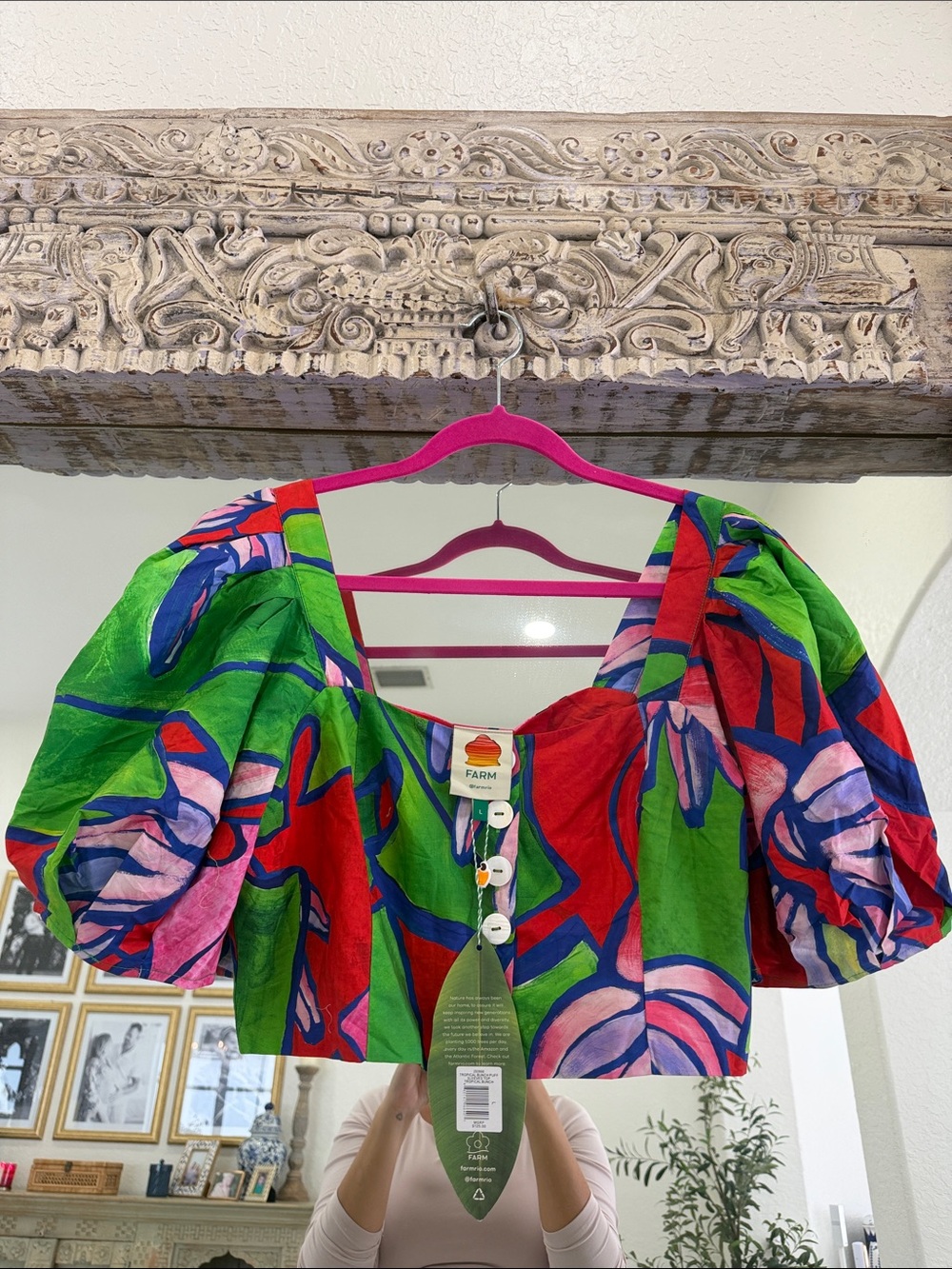 FARM Rio Bright Green Multicolor Puff-Sleeve Crop Top